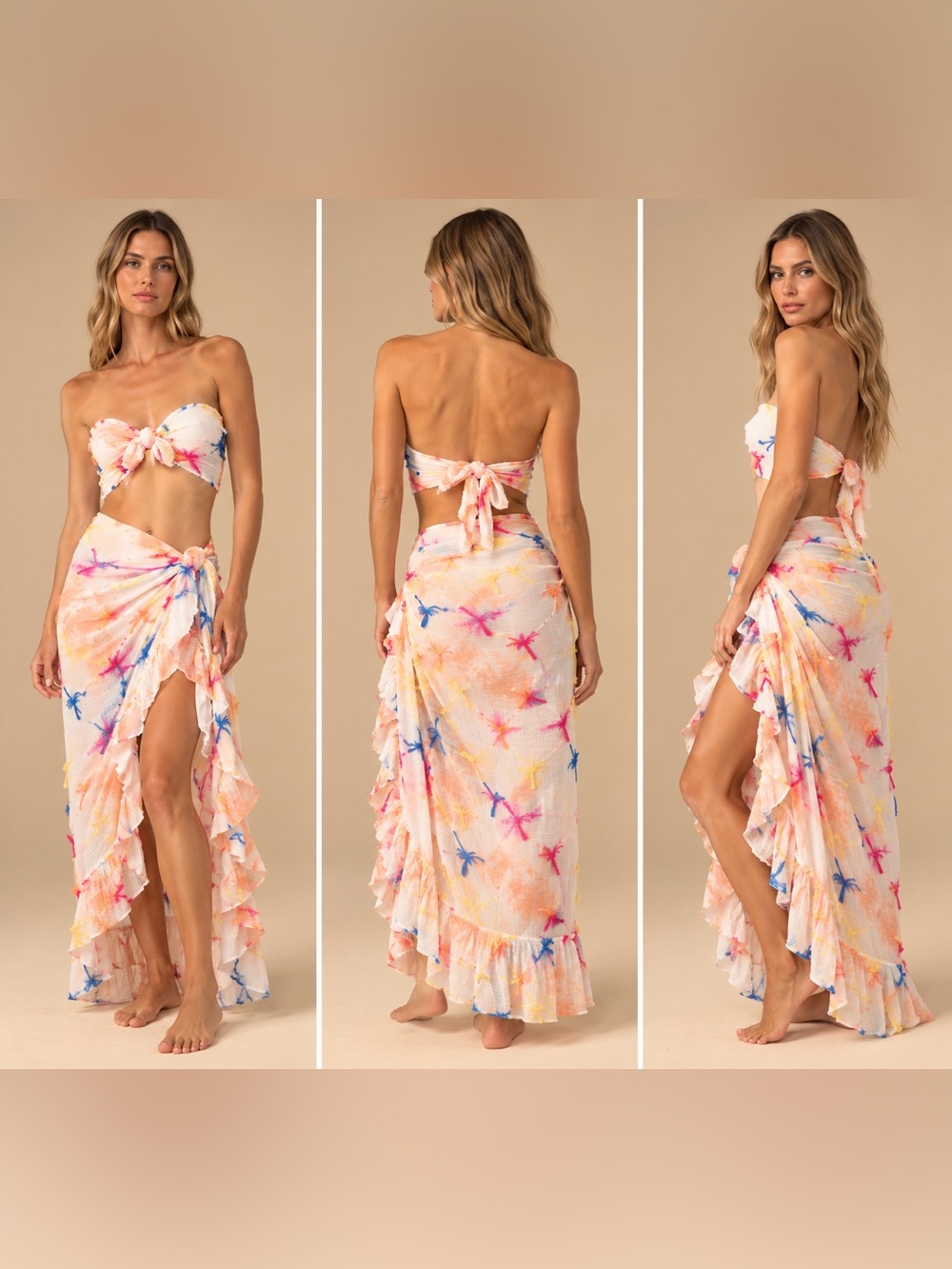 NWT JBQ Sicily Skirt Peach XS Ruffle Wrap Maxi High Slit Tie Dye $495 Resortwear
